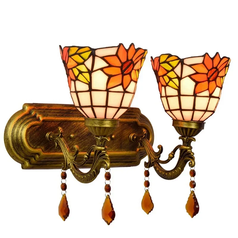 

Tiffany bedroom bedside wall lamp stained glass sunflower retro pastoral hotel double head crystal lamp