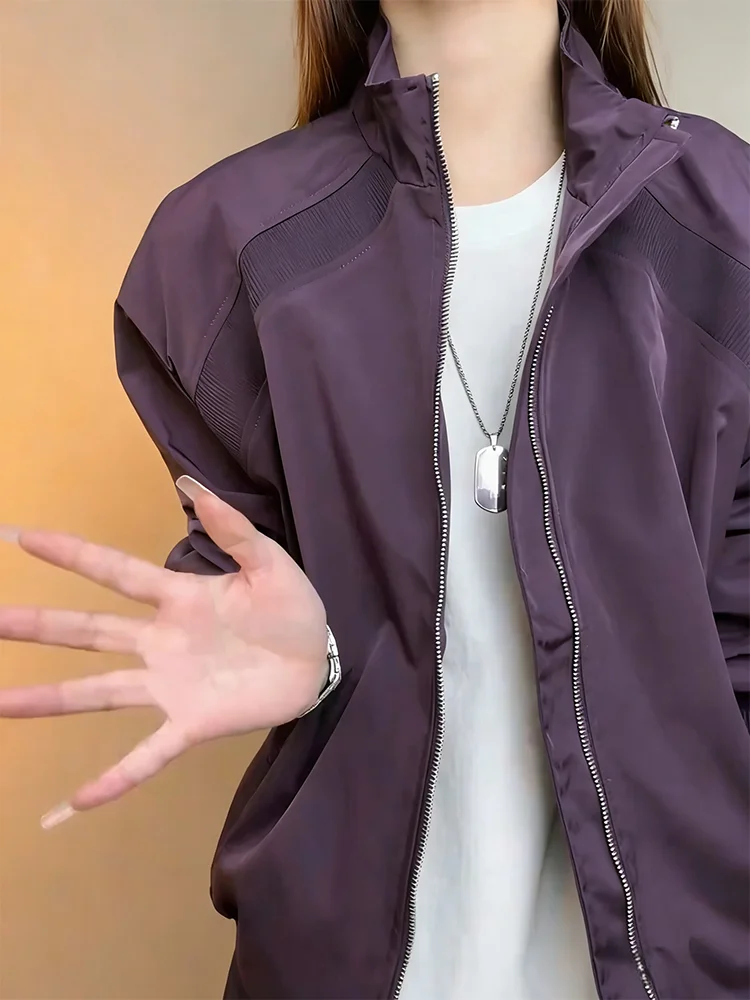 Purple Deconstructed Shoulder Bomber Flight Jacket Men's Spring Autumn High Sensation Three Proof Short Coat Baseball Outerwear