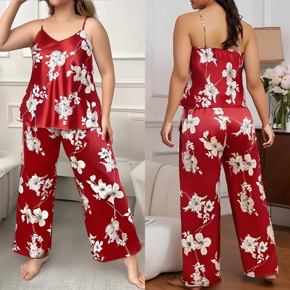 

Плюс размер 5XL, новый женский пижамный комплект, одежда для сна, сексуальный принт, брюки на подтяжках с цветочным принтом, пижамный костюм, нижнее белье, атласная домашняя одежда