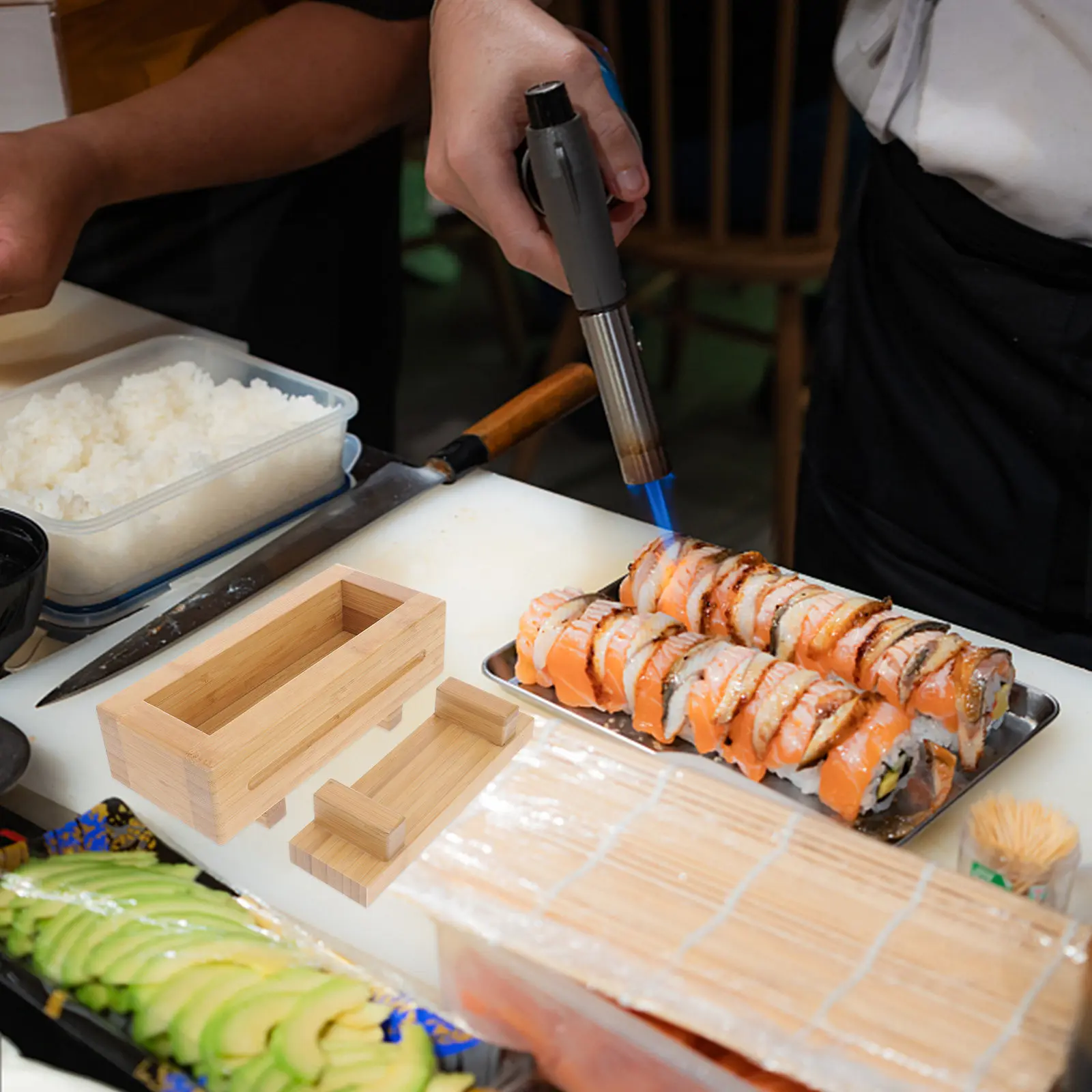 Eco Friendly Bamboo Sushi Mold Kit Rectangular Press Roller for Homemade Sushi Fudge Rolls Cake Biscuits Beginner Friendly