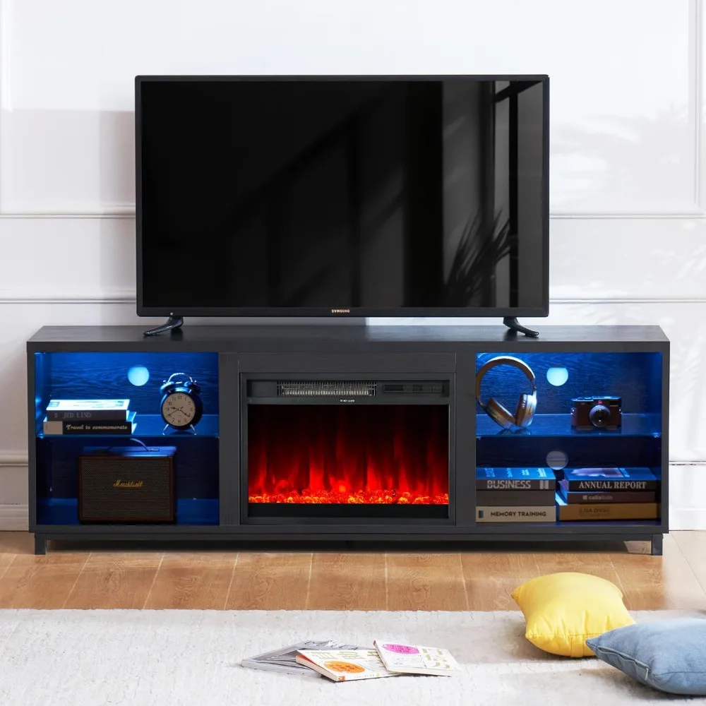 TV Stand com lareira elétrica 3D, armário de TV preto para sala de estar, moderno, 68 in, até 78 in