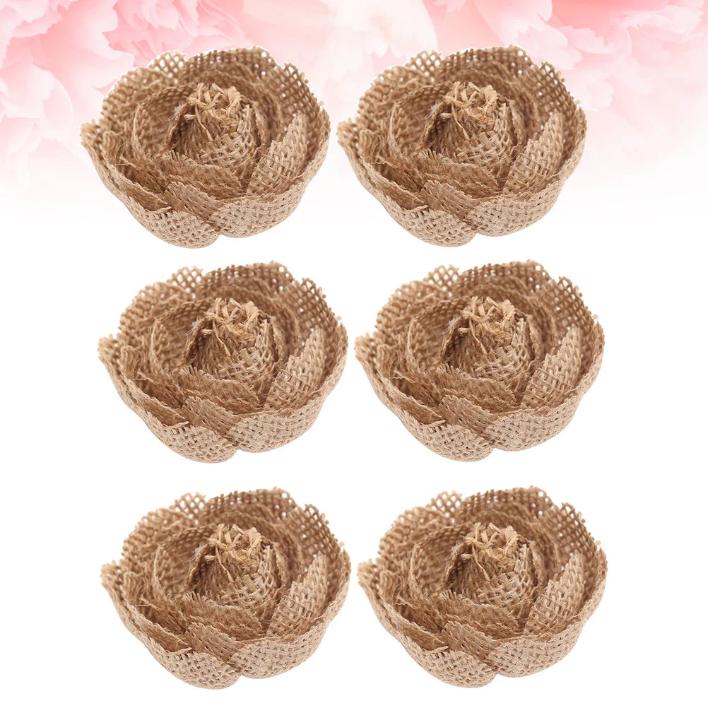

6Pcs Burlap Rose Flowers Natural Rustic Fabric with Lace and Beads for Wedding Christmas Party Decoration Craft Making Hat Bag