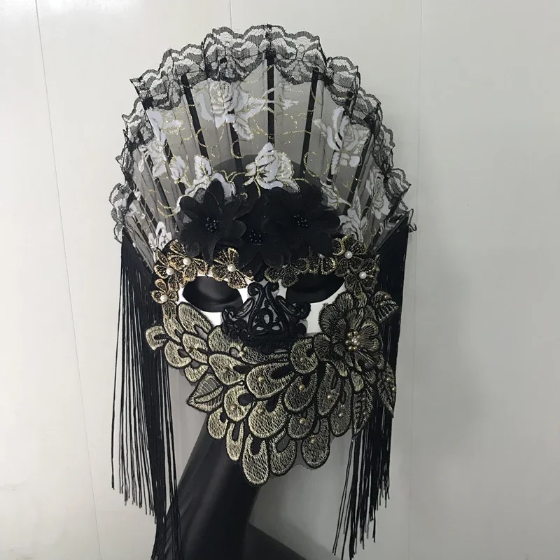 Venice Mystery Halloween Black Tassel Fan Dress Up Mask Masquerade Women's One Can Be Customized