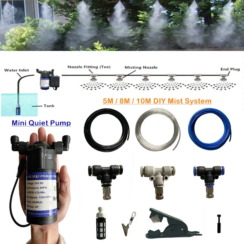 

A71 New Quiet DC 24V Water Pump Sprayer Patio DIY Mist Cooling System 5M/8M/10M & 6mm Slip Lock Fog Nozzles Garden Watering Kits