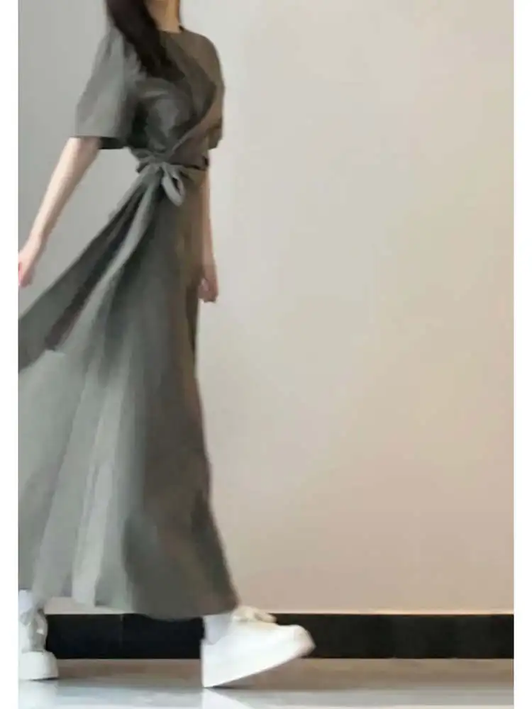 

Retro Fashion Slim Fit Long Dress Gentle Style Short Sleeve Dress Stylish Waist Cinching Summer Clothing for Women