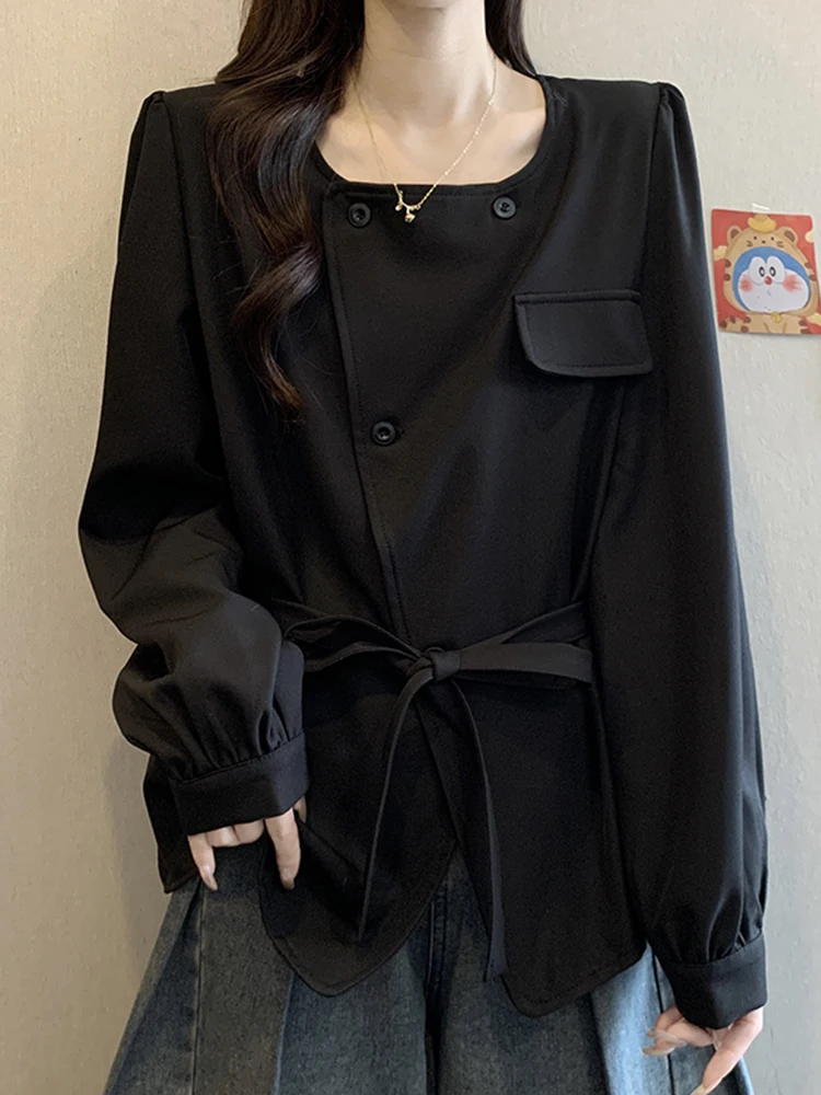 

Ele Bla Square Collar Long Sve Women's irt Winter New Sle Irregular Design Large Size Top oulder-Length Coat