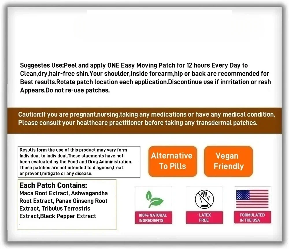 30 Patches Maca Root Transdermal Patches with Ashwagandha Root, Panax Ginseng Support Energy Performance