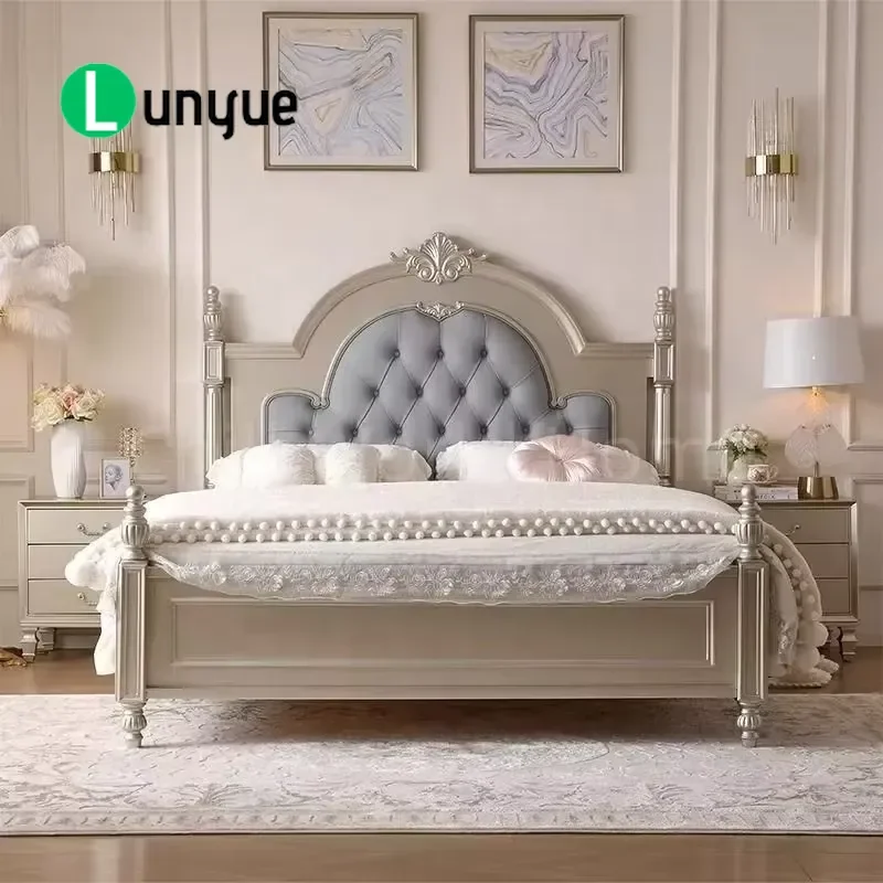 European Light Luxury Bed Button Tufted Upholstered Headboard Carved Wooden Frame For Hotel Home Furniture Elegant Design