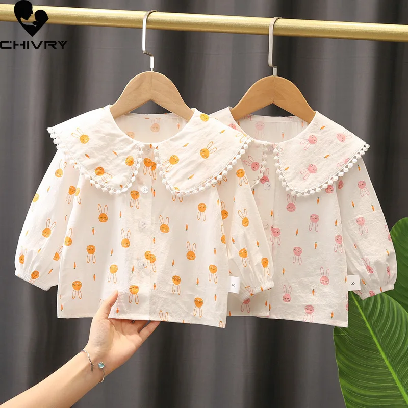 

Spring Autumn 2022 Kids Baby Girls Casual Long Sleeve Peter Pan Collar Blouse Tops Girls Fashion Cute Rabbit Print Blouse Shirts