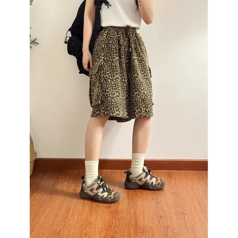 Deeptown Vintage Leopard Cargo Shorts Pants Harajuku Y2k Oversized Sports Jogging Trousers Streetwear Wide Leg Baggy Summer