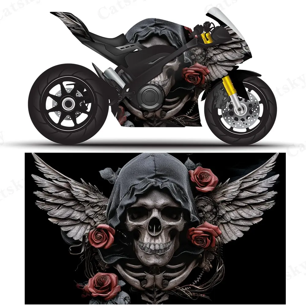 

Dark Wing Withered Flower Skull Motorcycle Vinyl Wrap, PVC Self-Adhesive Waterproof Motorcycle Sticker, Anti-Scratch Decorative