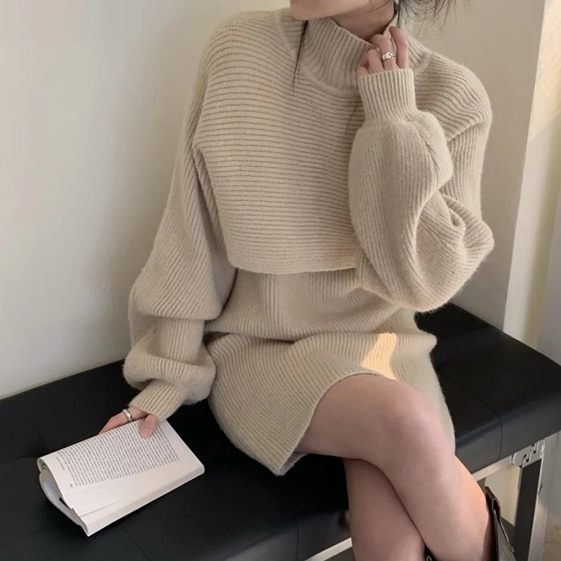 Autumn Winter Loose Knit Solid Pullover 2 Piece Set Women Fashion Turtleneck Sweater Jumper+Elegant Vest Dress Suit Office Lady