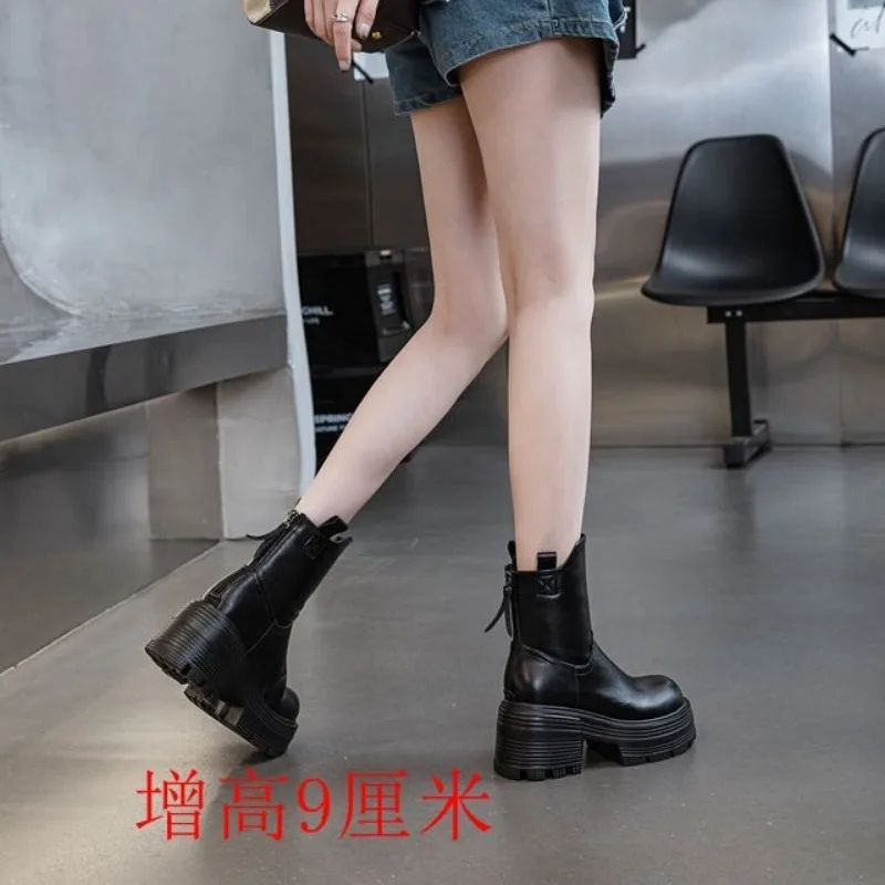 Fujin 9cm Microfiber Synthetic Leather Platform Wedge Women Boots Ankle Spring Knee High Fashion Autumn British Boots ZIP Shoes