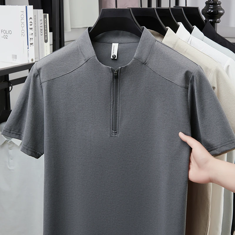 Herren Kurzarm-Poloshirts mit Halbem Reißverschluss und Stehkragen Lässige Sommer-Oberteile Leichte Atmungsaktive Hemden für Männer – Detail 11