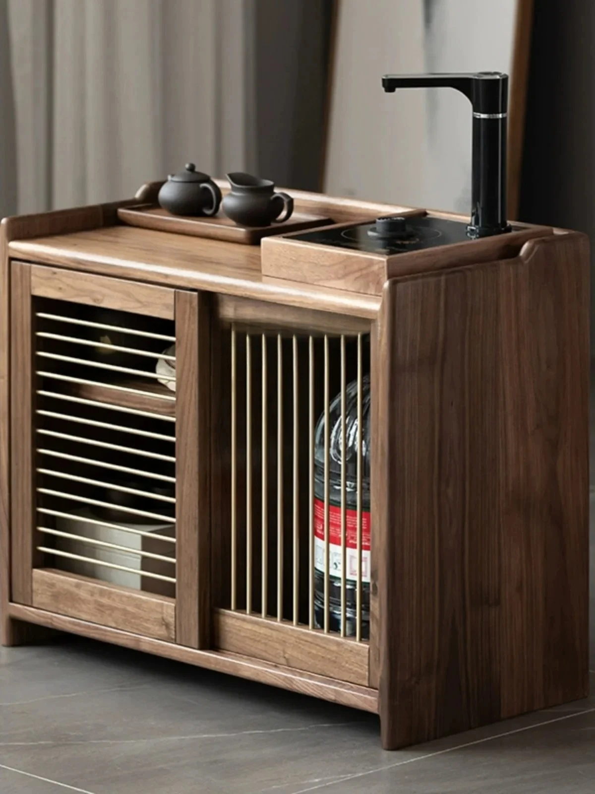 

North America Black Walnut Tea Cabinet Nordic Sliding Door Square Mortise and Tenon Storage Furniture Tea Table Bench Side Table