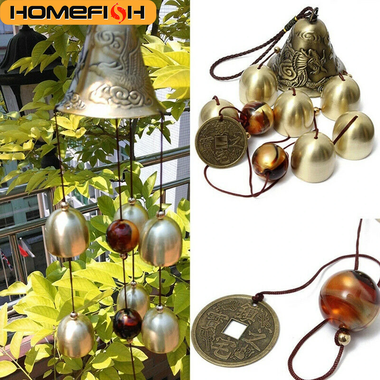 6 Copper Bells Outdoor Metal Wind Chimes - Decorative Hanging Ornament for Yard & Garden, Ideal for Home Outdoor Decorati