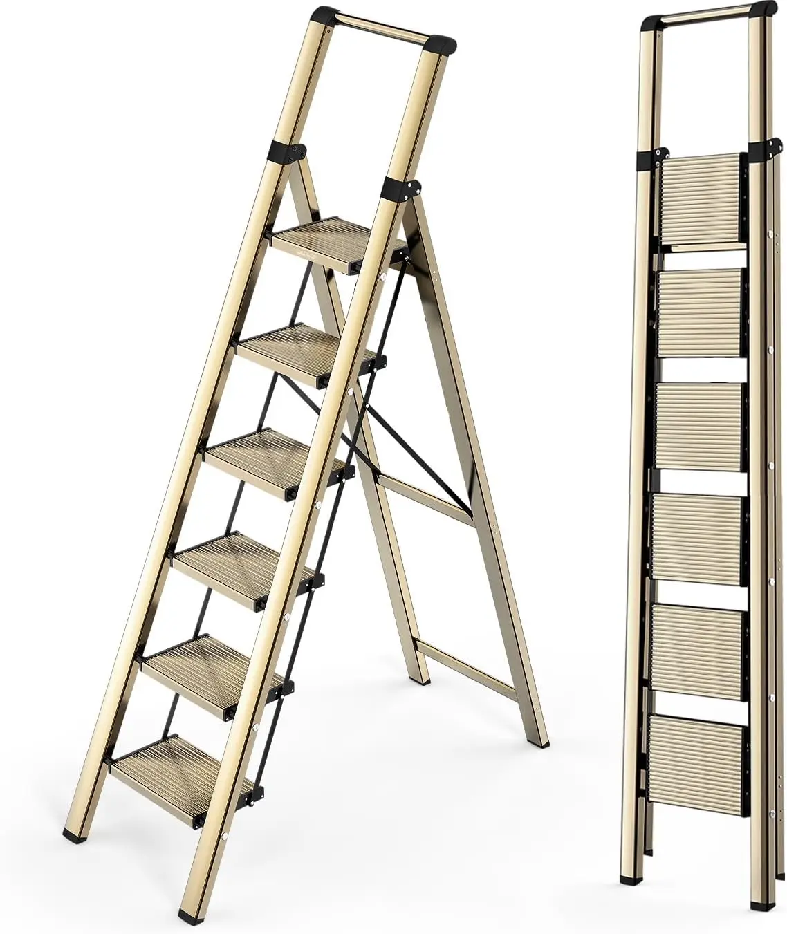 

6 Step Ladder, Lightweight Folding Ladder with Non-Slip Wide Pedals, Ladder with Safe Grip Handle, Easy to Open and Close