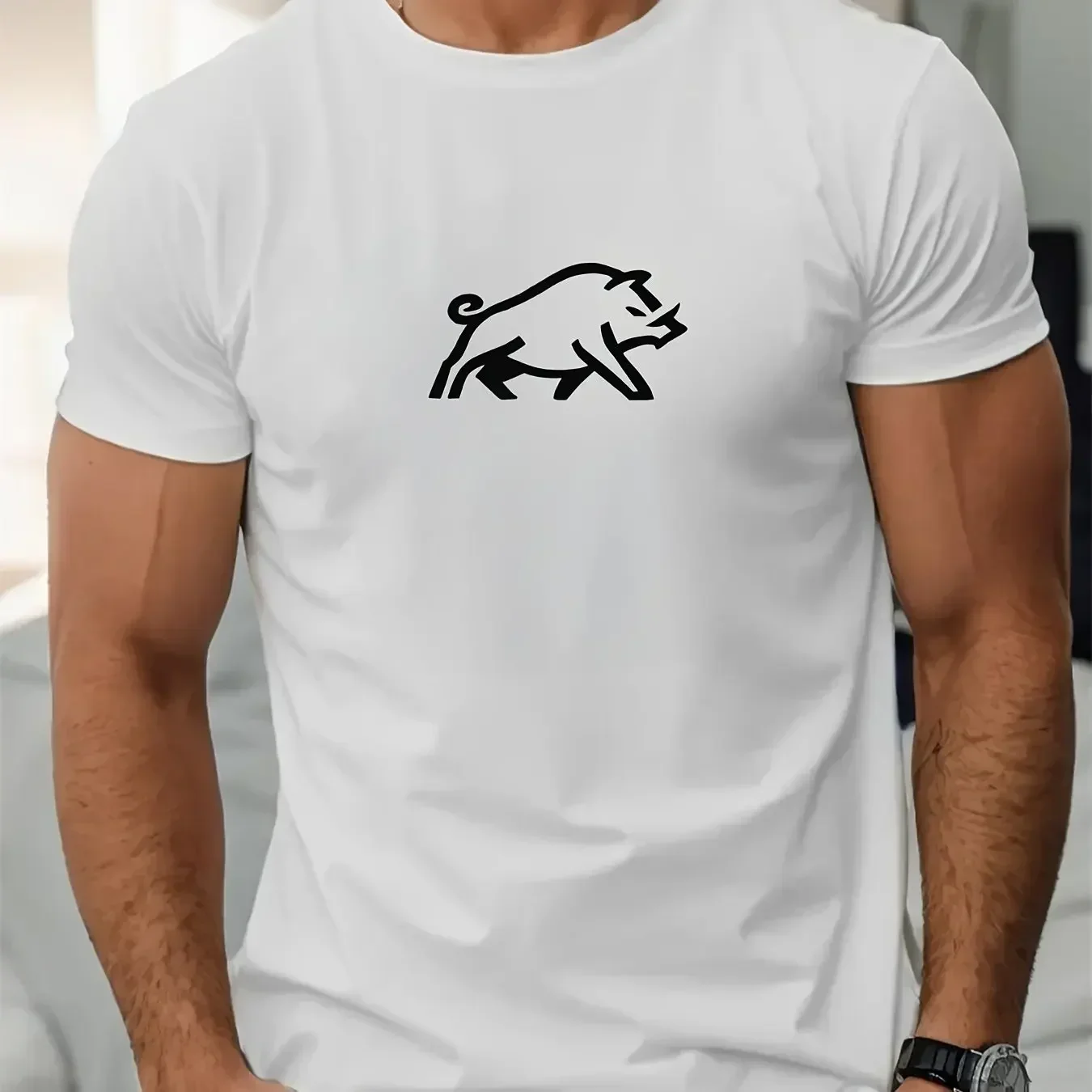 Men's Summer Casual T-Shirt with Boar Print Breathable Crew Neck Short Sleeve Men Clothing Comfortable
