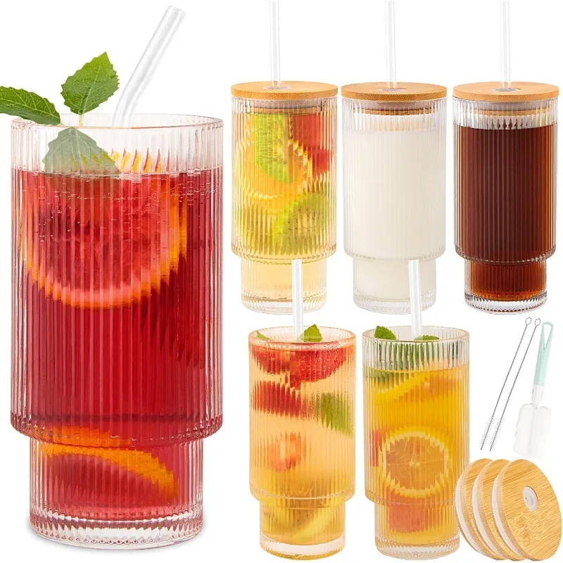 6 Pcs 16oz Glass Cups With Lids and Strands, ribbed glassware, stackable glass cups, suitable for coffee, fruit juice