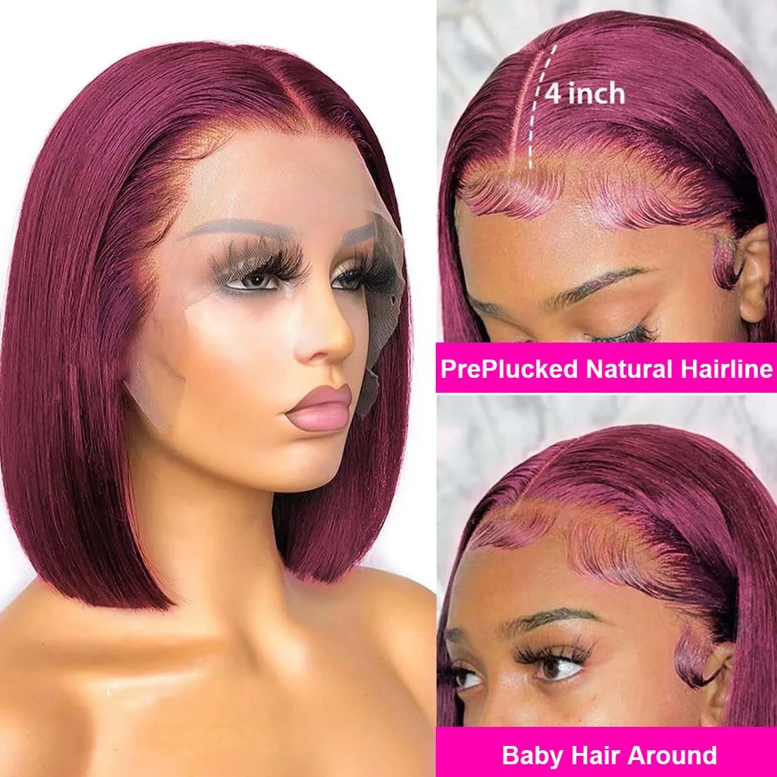 Peluca Bob recta corta, pelucas de cabello humano con encaje Frontal, Rubio degradado 99J, Borgoña, negro, 13x4 HD, peluca Frontal de encaje transparente para mujer