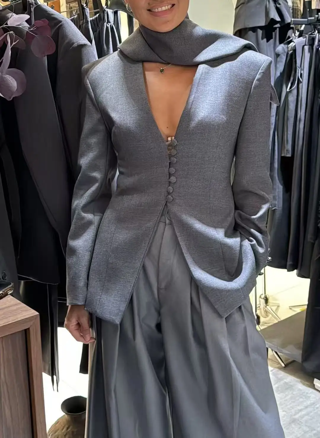 BJTZ المرأة الخريف قطعتين مجموعة السترة شال طوق الخامس الرقبة واحدة الصدر بنطال ذو قصة أرجل واسعة مع جيوب أنيقة قسط عادية