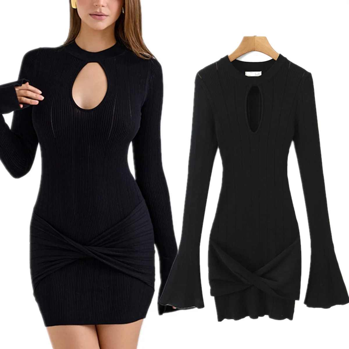 

Maxdutti French Black Hollow-out Mini Dress Minimalist Sexy Ribbed Knitted Dress For Women's Dress,Dresses For Woman