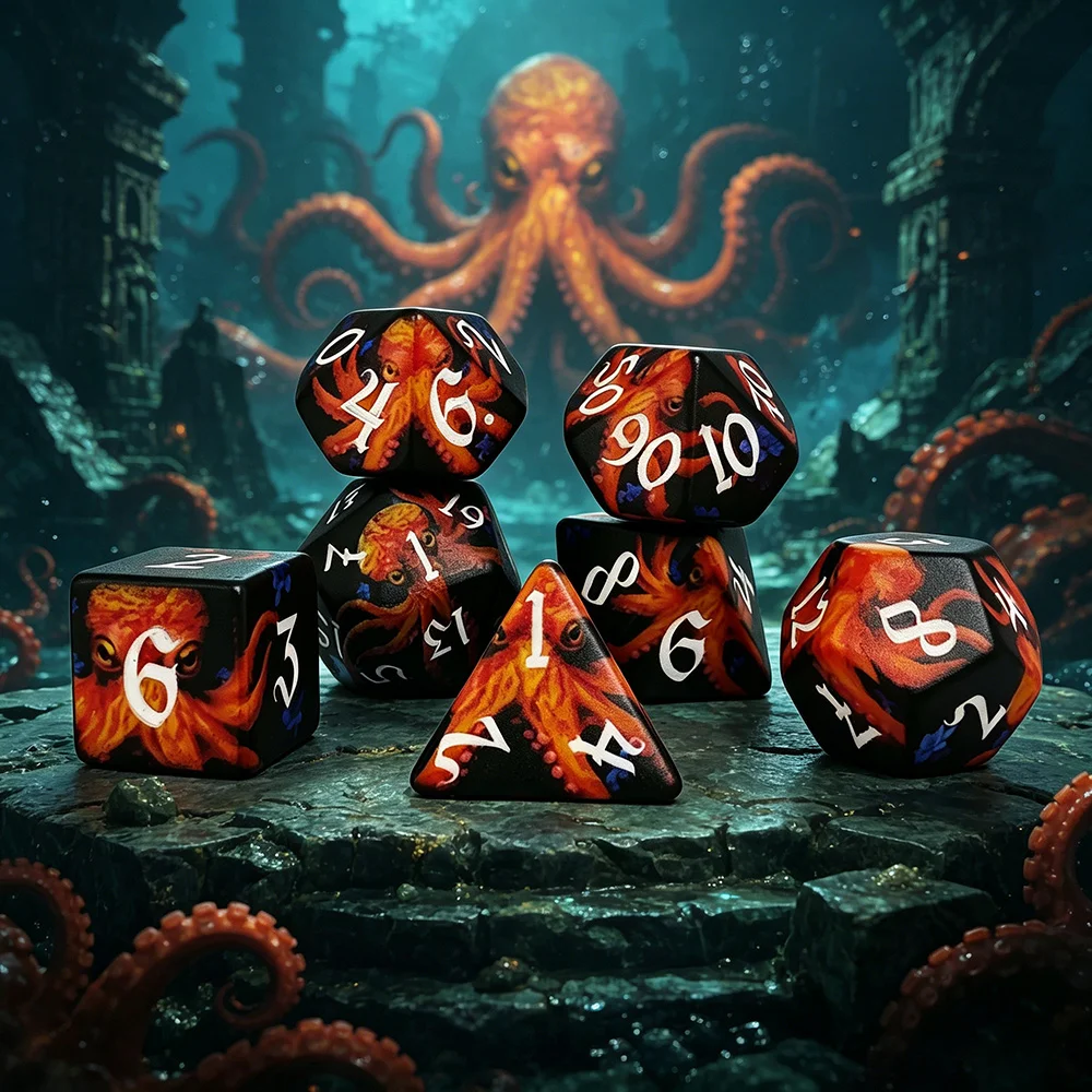 Dados de Acrílico con Forma de Tentáculo de Pulpo del Dios del Océano Profundo, Paquete de 7 Dados Poliédricos para Juegos de Rol, para los Mitos de Cthulhu, COC, Dungeons & Dragons, Juegos de Mesa