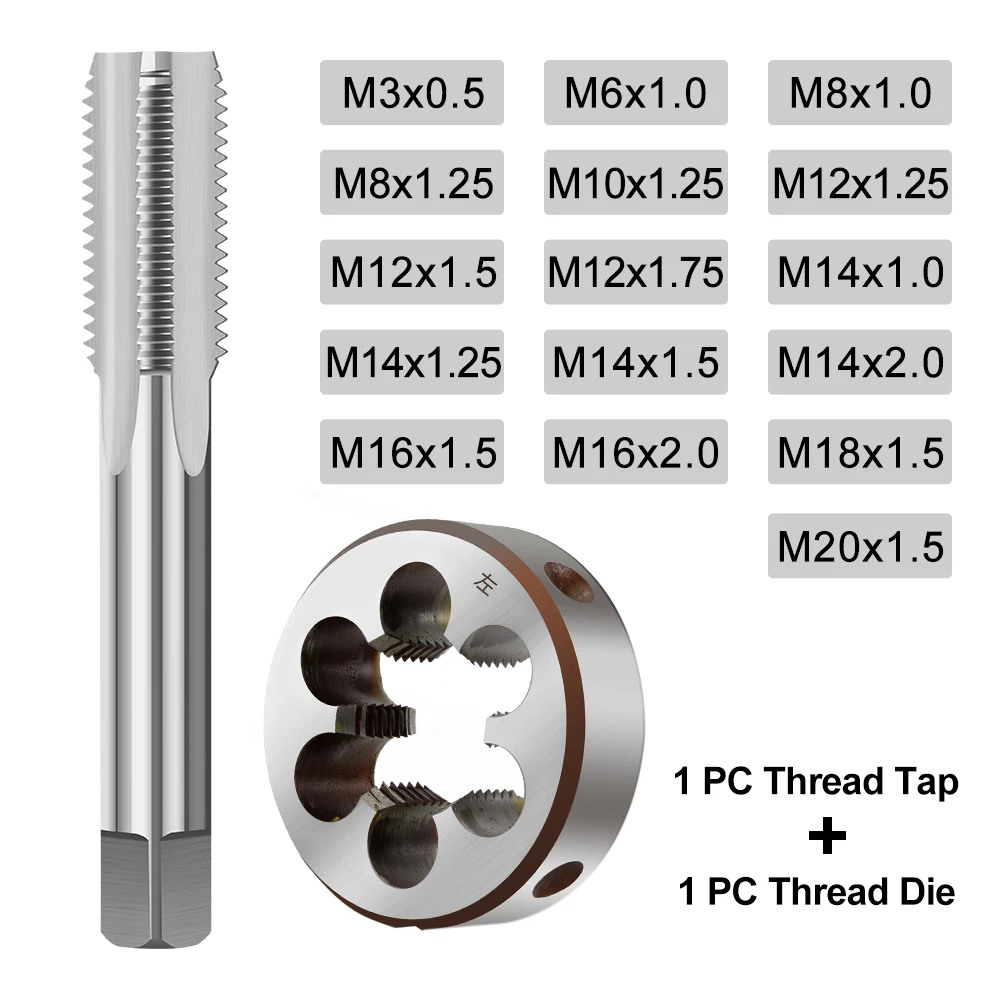 2pcs Left Hand Tap and Die Set HSS Machine Plug Tap Die Metric Screw Thread Tap Drill M3/M6/M8/M10/M12/M14/M16/M18/M20