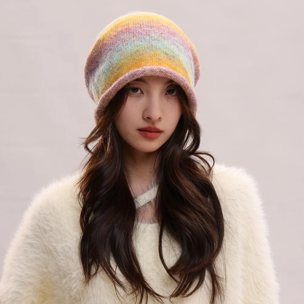 Simple Gradient Color Knitted Stacked Hat Loose Rolled Brim Drawstring Beanies Hat Korean Style Streetwear Pile Cap Warmer