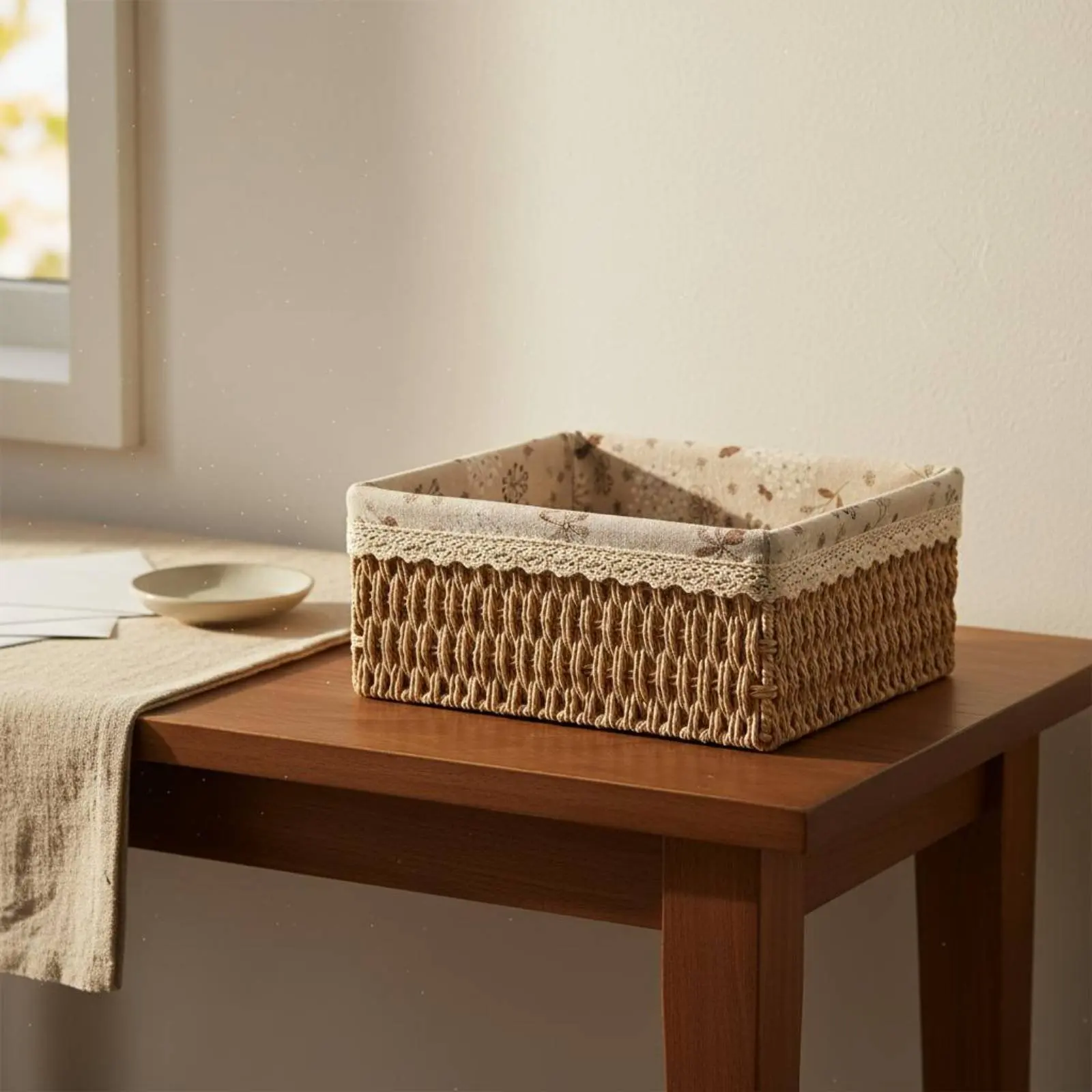 Lidded Woven Basket Natural Look Woven Storage Basket Household Organizer Breathable Easy to Clean for Vanity