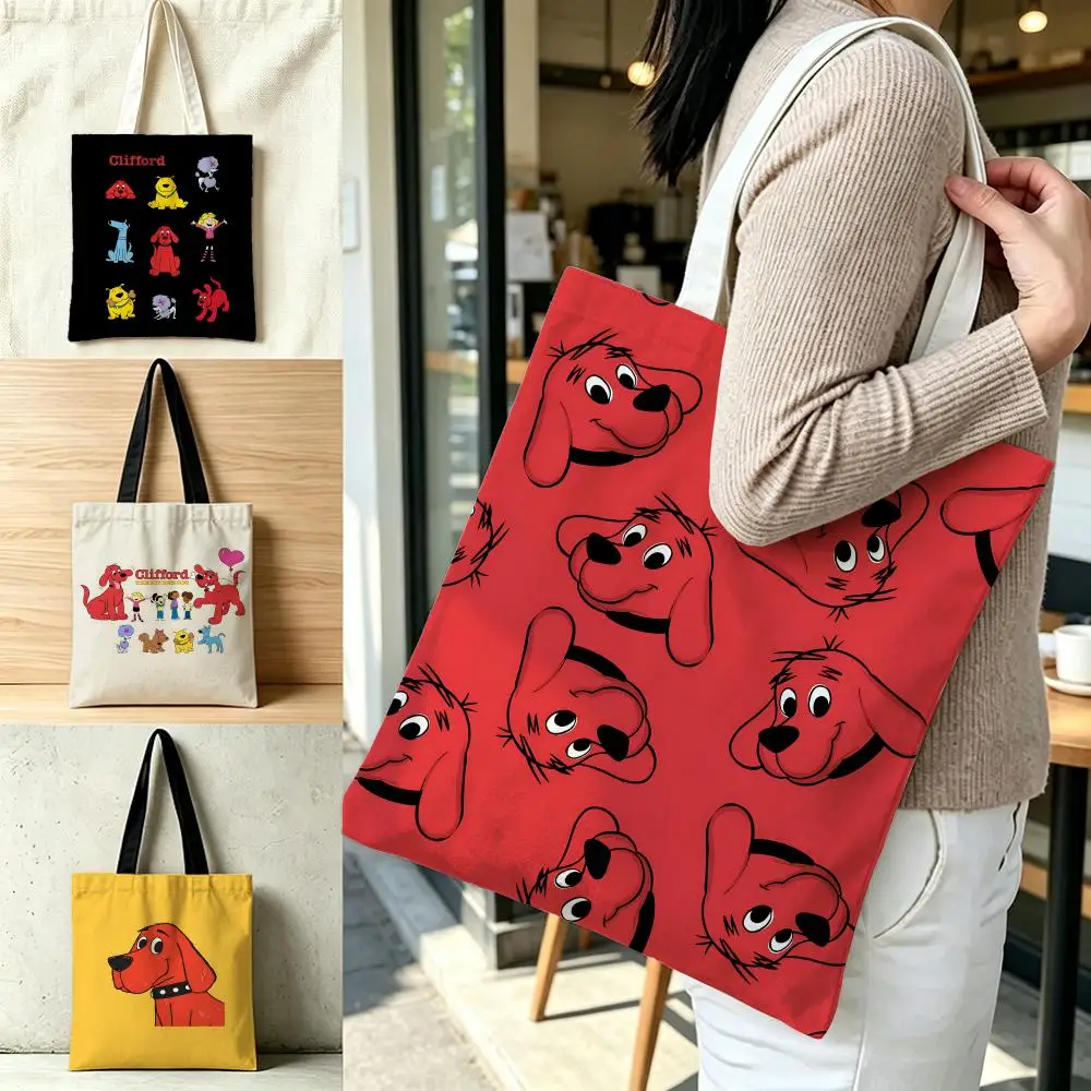 Character Clifford the Big Red Dog Storage Bags Polyester Canvas Foldable Tote Bag Lightweight Reusable Shopping Shoulder Bag