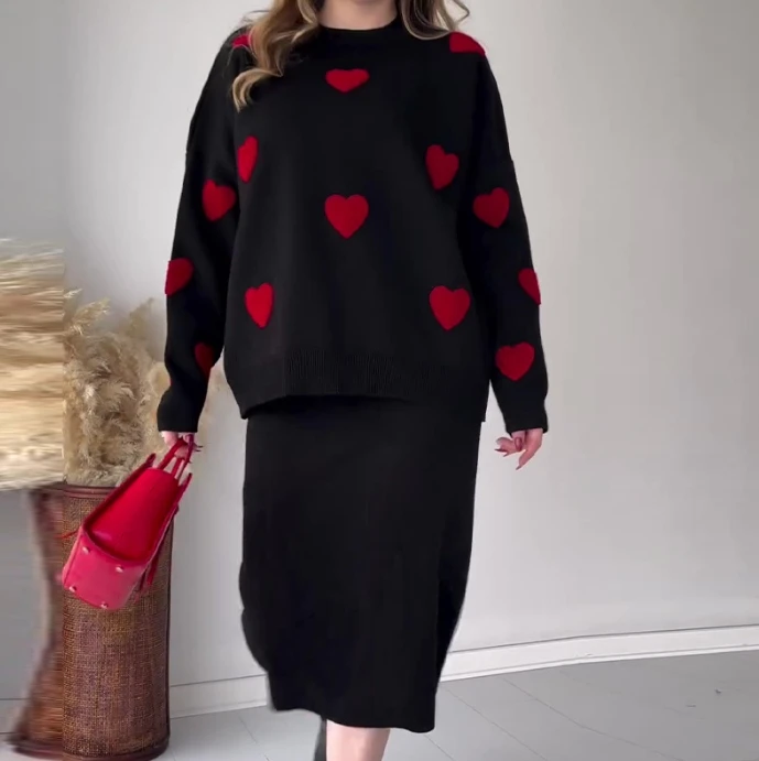 Conjunto de duas peças de malha estampado amor, suéter com tampa da cabeça saia longa, roupa casual elegante, novo, outono, inverno, primavera, 2022