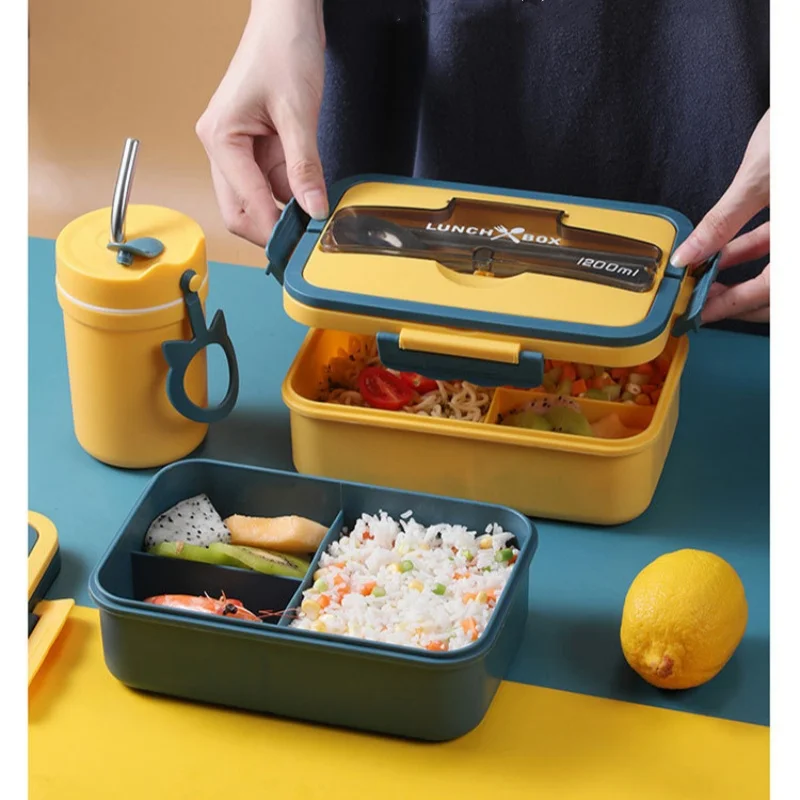 1200ml Large Capacity Lunch Box Portable Wheat Straw Bento Box Leak-proof Food Storage Container for Kids Back To School Camping