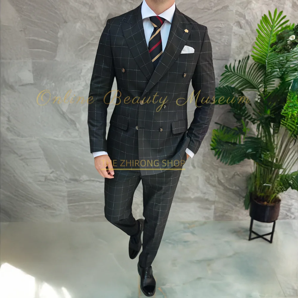 

Premium men's costume 2-piece set black grid double-breasted jacket pants tailored suit for wedding groomen summer dinner party
