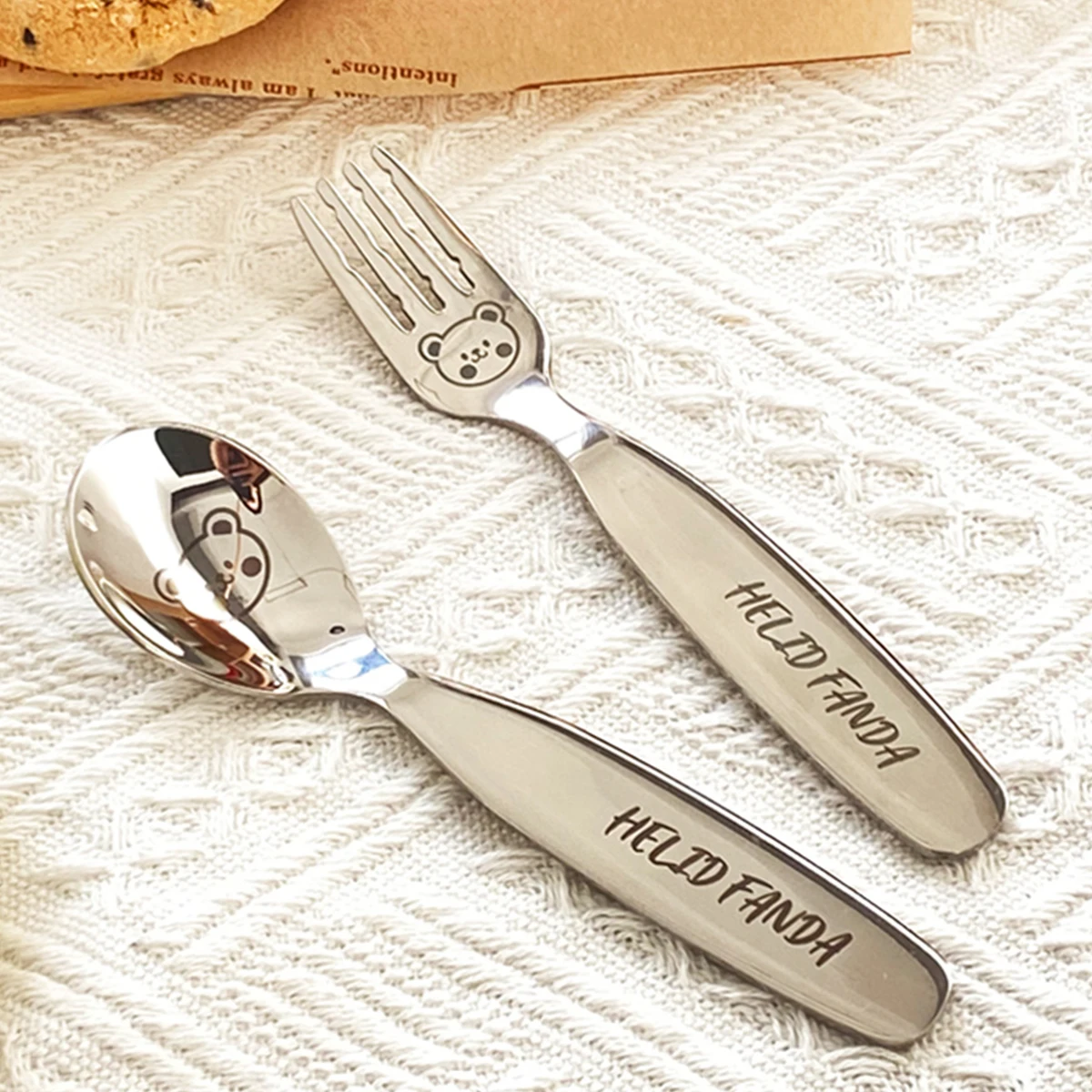 WORTHBUY Children\'s Spoon Fork 304 Stainless Steel Cutlery Cute Little Bear Pattern Soup Scoop Dessert Fruit Fork Tableware Set