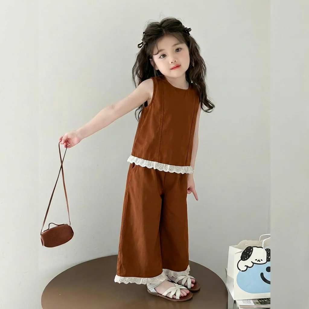 Korean Version Fashion Casual Coffee Colored Girls' Clothes Round Neck Lace Vest+wide Leg Pants Two-piece Set for Summer