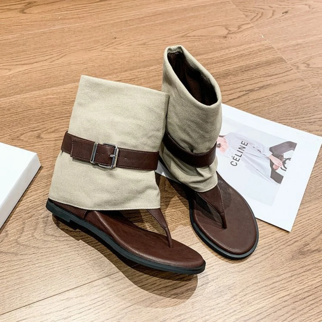 

2026 New Women's Retro Roman Style Thong Sandals, Buckle Strap Mid Calf Wrap Open Toe Flat Heel Fashion Summer Outdoor Shoes