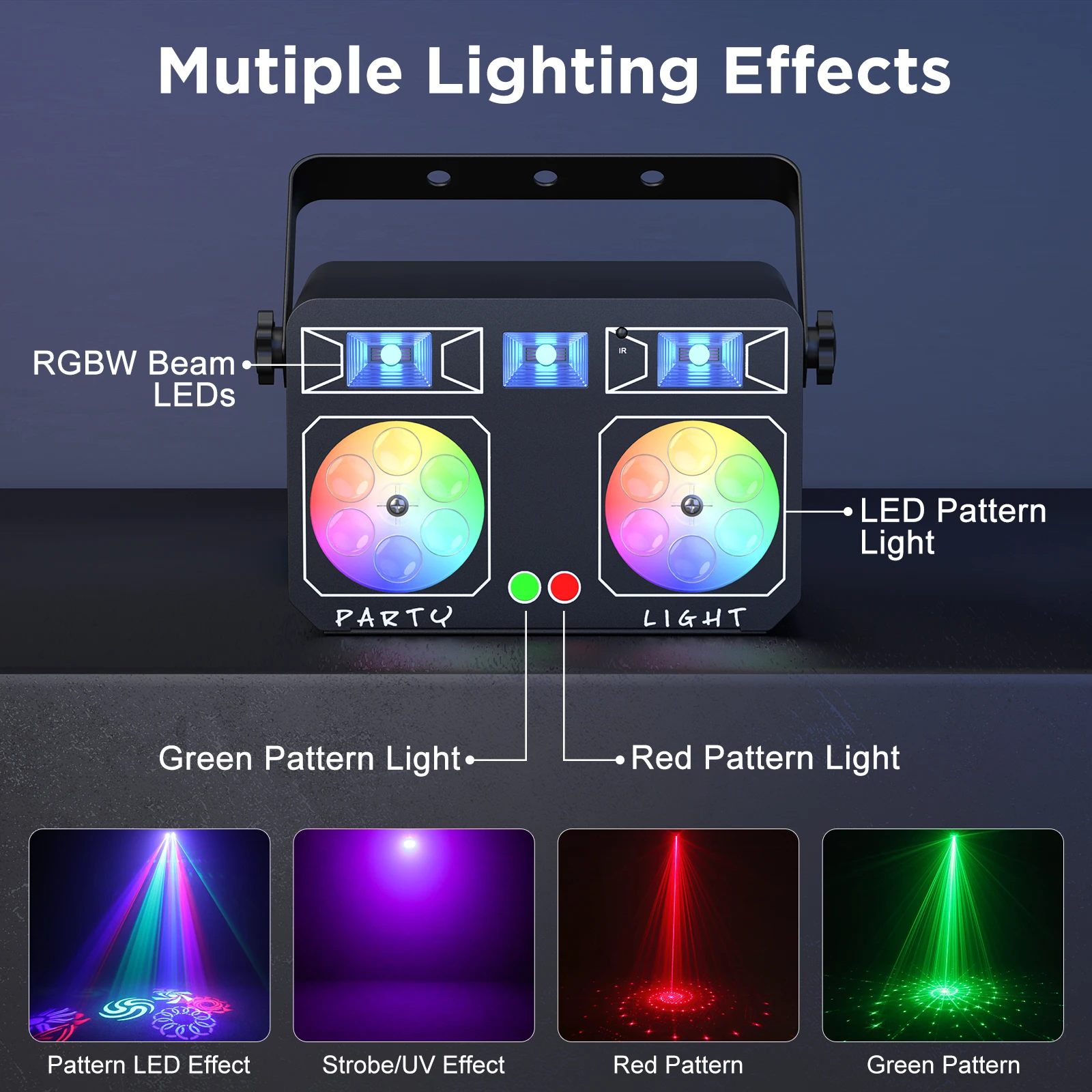 U'King LED-feestlicht met draaibaar patroon 5IN1 gemengd effect podiumlicht UV / witte DJ-stroboscooplichten voor disco DJ-lichtbruiloft