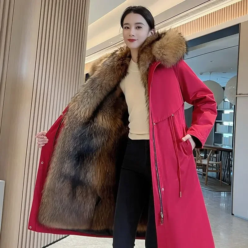 

Long Fur Coat Winter Jacket Women Faux Raccoon Fur Lined Parka Thickened Warm Loose Outerwear Hooded Faux Fur Coat Jacket Women