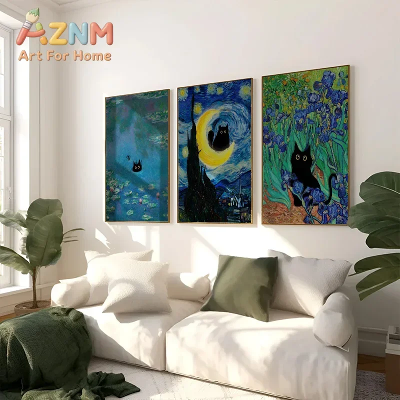 Classic Art Masterpieces Black Cat Posters Retro Wall Art Canvas Print Decorative Paintings Home Decor for Bedroom Living Room