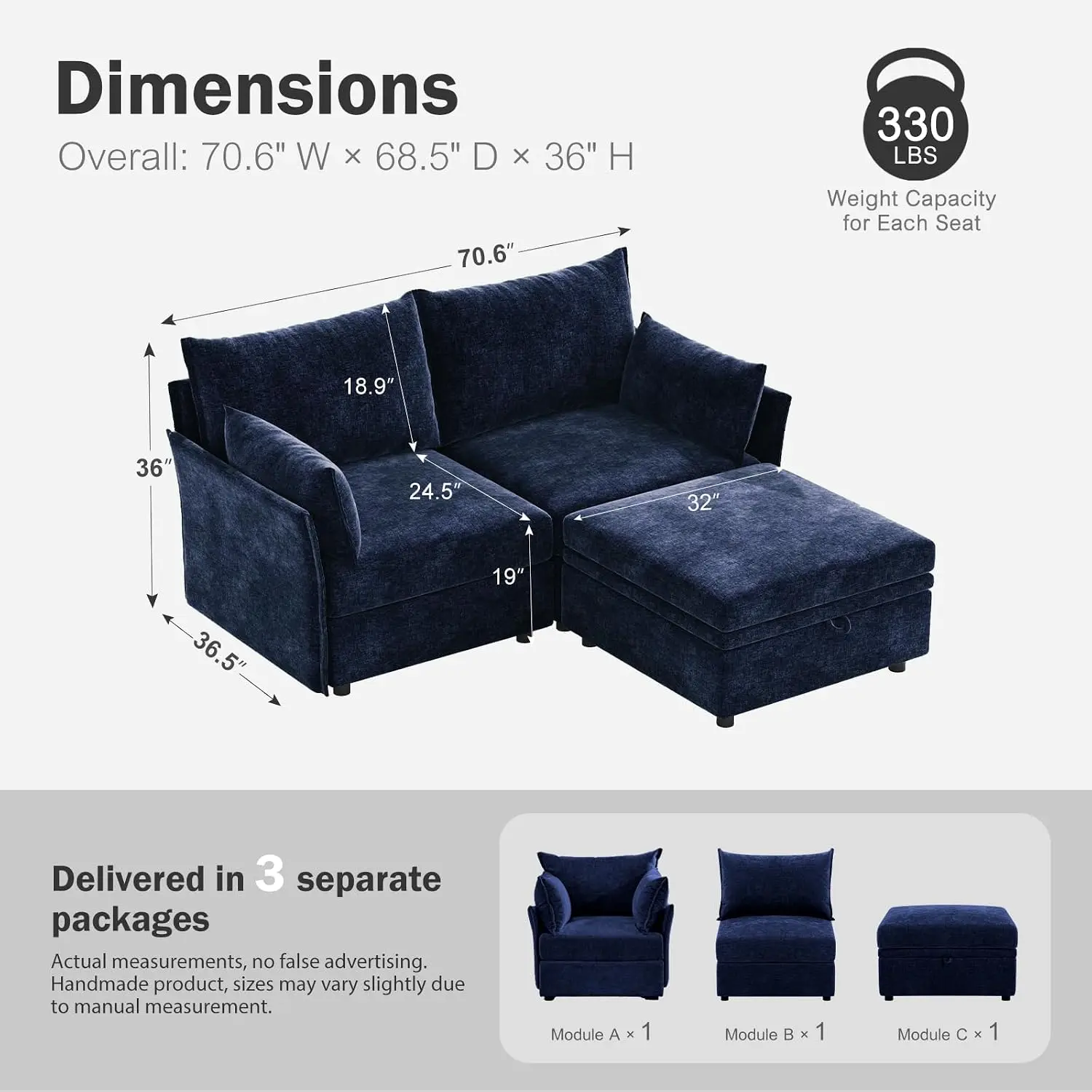 L-Shaped 3-Seat Modular Sofa With Storage Ottoman, Deep Seat, Reversible Chaise, Chenille For Apartment & Dorm, Customized