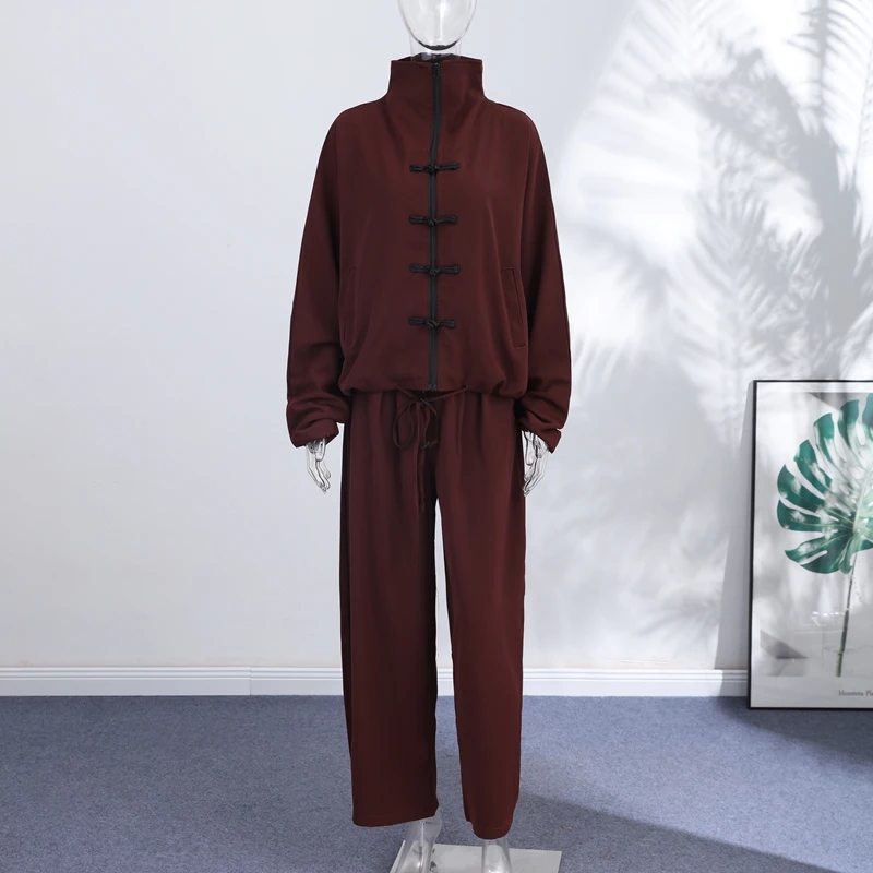 2026 Herbst Casual Dekor-Mantel-Hosen-Set für Damen, Langarm, Einfarbig, Stehkragen, Lose Mäntel, Lange Hosen-Sets, Damen-Oberbekleidung, Neu – Detail 12