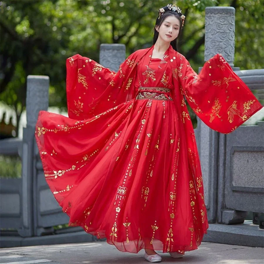 

Chinese Hanfu Dress Women Traditional Vintage Hanfu Halloween Cosplay Costume Dance Dress Hanfu Gradient Red white 4pcs Sets