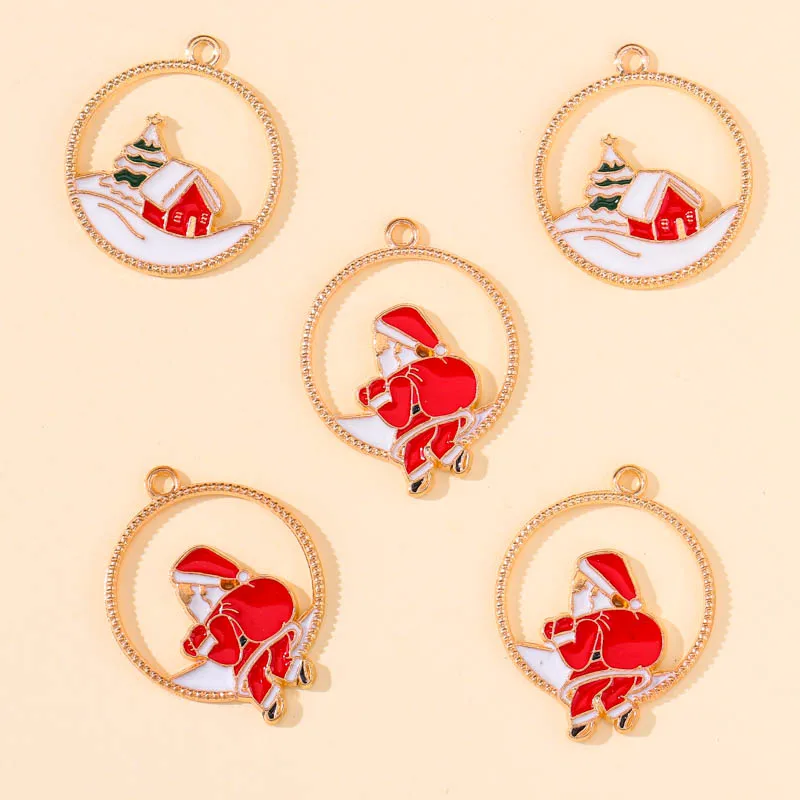 10Pcs Golden Alloy Round Hollow Out Santa Snow House Charms Pendant for DIY Christmas Ornament Earrings Bracelet Jewelry Making