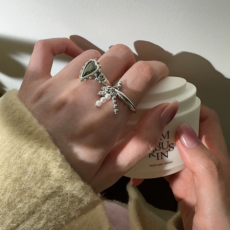 

S925 Silver Tassel Pendant Ring for Women Open Finger Ring Vintage Court Sle with Zirconia Stones Faionable Jewelry