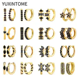 925 Sterling Silver Ear Needle Black Crystal Hoop Earrings For Women Fashion Geometry Huggie Gold Earrings Luxury Jewelry Gifts