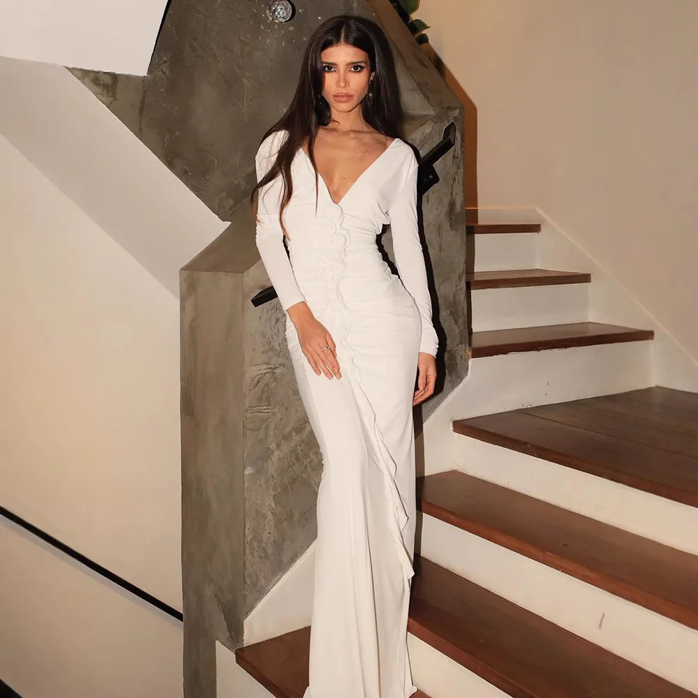 Outono novo decote em v manga longa vestidos de festa para as mulheres luxo 2025 flor plissado casamento convidado vestido de noite celebridade club wear