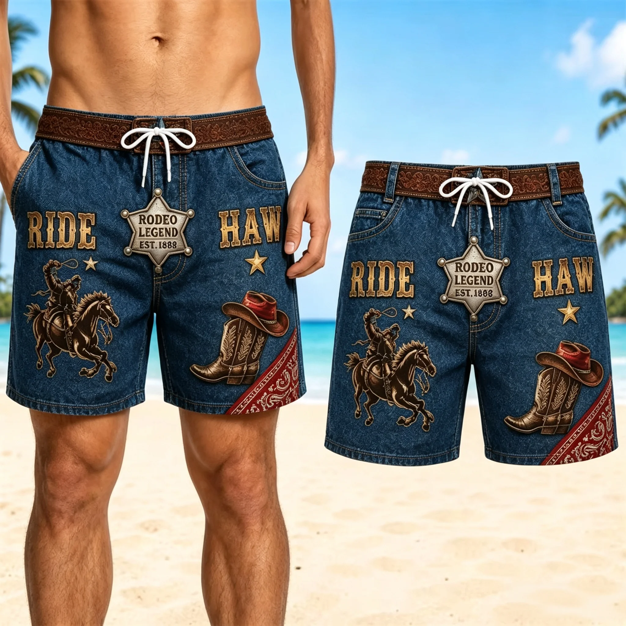 Retro 3D Print Cowboy Style Funny Beach Shorts For Men Quick Dry Breathable Drawstring Board Short Summer Novel Unique Shorts