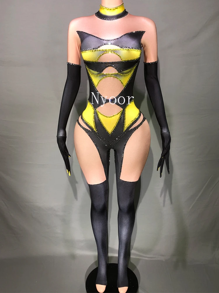 

Black Yellow Rhinestones Jumpsuit Sexy Pole Dance Performance Clothes Nightclub Stretch Bodysuit Bar Drag Show Costume