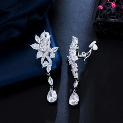 BeaQueen Sparkling Cubic Zirconia Crystal Non Pierced Clip On Dangle Drop Long Earrings for Women Engagement Dress Party E496